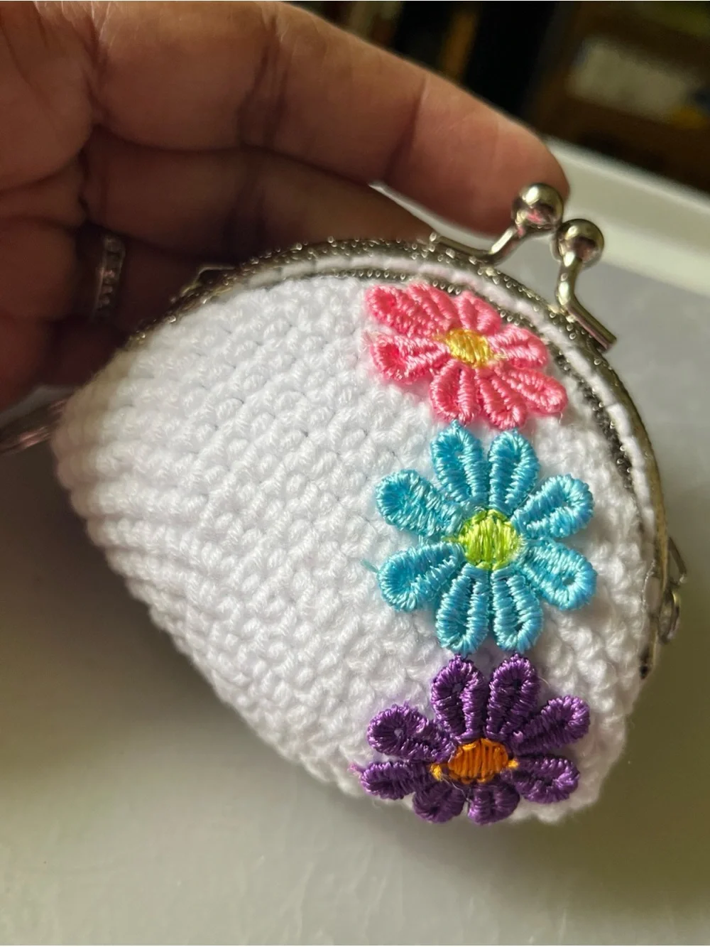 White Crochet Coin Purse with Pink, Blue & Purple Flower Appliqués New 3”x3.5”